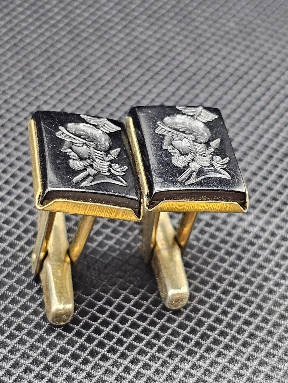 Vintage Black and Gold Cufflinks with Engraved Warrior Profile